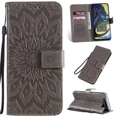 Embossing Sunflower Leather Wallet Case for Samsung Galaxy A80 A90 - Gray