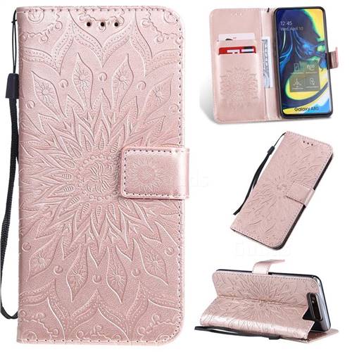 Embossing Sunflower Leather Wallet Case for Samsung Galaxy A80 A90 - Rose Gold
