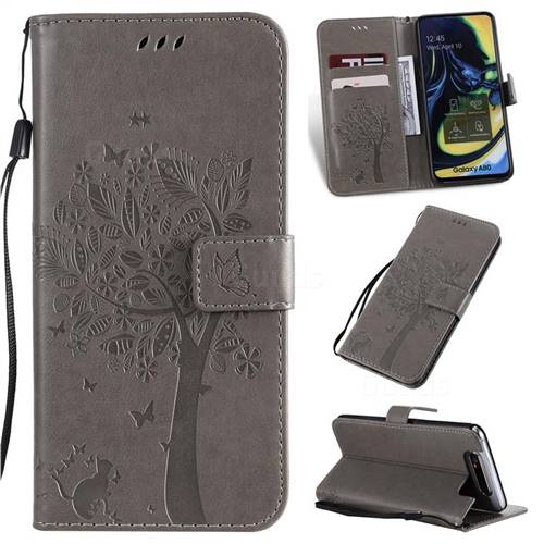 Embossing Butterfly Tree Leather Wallet Case for Samsung Galaxy A80 A90 - Grey
