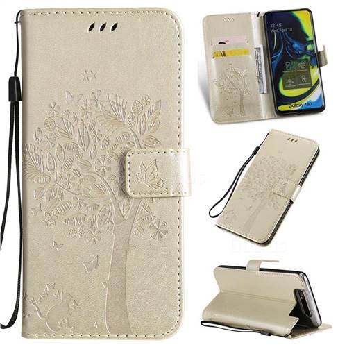 Embossing Butterfly Tree Leather Wallet Case for Samsung Galaxy A80 A90 - Champagne