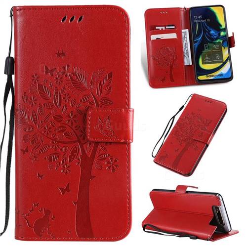 Embossing Butterfly Tree Leather Wallet Case for Samsung Galaxy A80 A90 - Red
