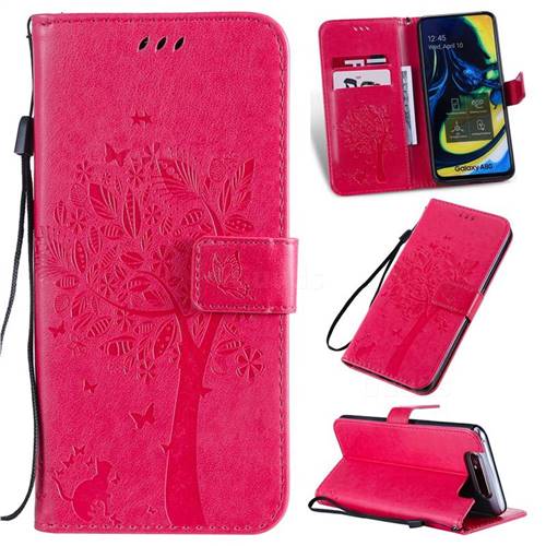 Embossing Butterfly Tree Leather Wallet Case for Samsung Galaxy A80 A90 - Rose