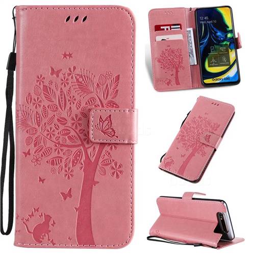Embossing Butterfly Tree Leather Wallet Case for Samsung Galaxy A80 A90 - Pink
