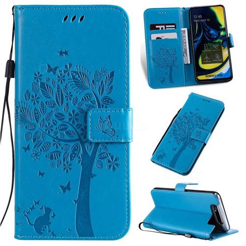Embossing Butterfly Tree Leather Wallet Case for Samsung Galaxy A80 A90 - Blue