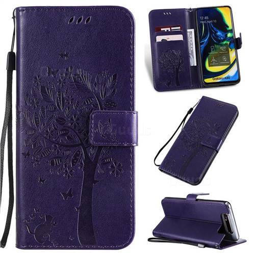 Embossing Butterfly Tree Leather Wallet Case for Samsung Galaxy A80 A90 - Purple