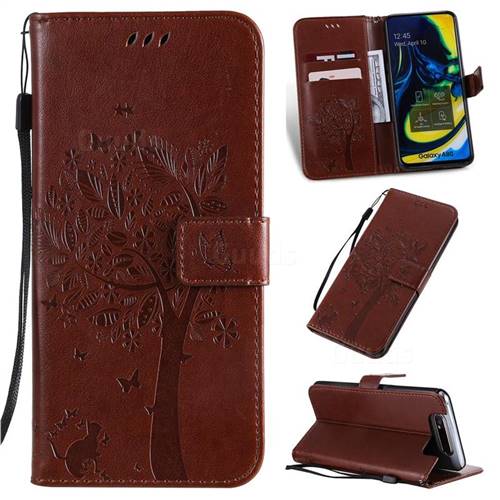 Embossing Butterfly Tree Leather Wallet Case for Samsung Galaxy A80 A90 - Coffee