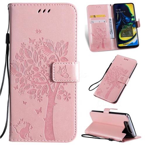Embossing Butterfly Tree Leather Wallet Case for Samsung Galaxy A80 A90 - Rose Pink
