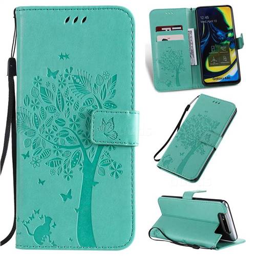 Embossing Butterfly Tree Leather Wallet Case for Samsung Galaxy A80 A90 - Cyan