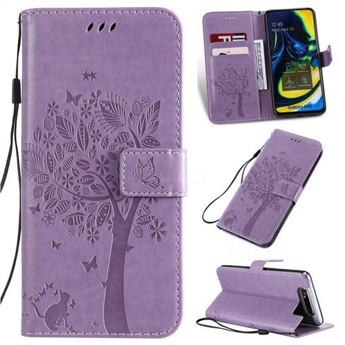 Embossing Butterfly Tree Leather Wallet Case for Samsung Galaxy A80 A90 - Violet