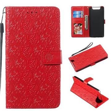 Intricate Embossing Rattan Flower Leather Wallet Case for Samsung Galaxy A80 A90 - Red