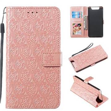 Intricate Embossing Rattan Flower Leather Wallet Case for Samsung Galaxy A80 A90 - Pink