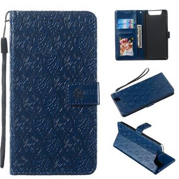 Intricate Embossing Rattan Flower Leather Wallet Case for Samsung Galaxy A80 A90 - Navy