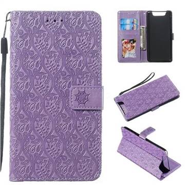 Intricate Embossing Rattan Flower Leather Wallet Case for Samsung Galaxy A80 A90 - Purple