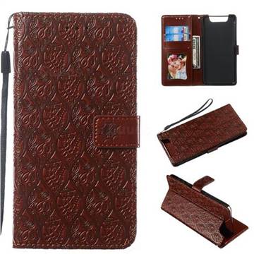 Intricate Embossing Rattan Flower Leather Wallet Case for Samsung Galaxy A80 A90 - Brown
