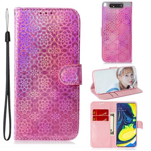 Laser Circle Shining Leather Wallet Phone Case for Samsung Galaxy A80 A90 - Pink