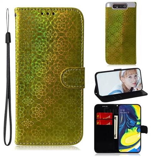 Laser Circle Shining Leather Wallet Phone Case for Samsung Galaxy A80 A90 - Golden