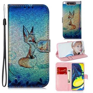 Cute Fox Laser Shining Leather Wallet Phone Case for Samsung Galaxy A80 A90