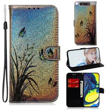 Butterfly Orchid Laser Shining Leather Wallet Phone Case for Samsung Galaxy A80 A90