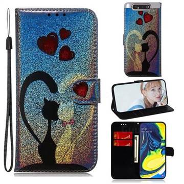 Love Cat Laser Shining Leather Wallet Phone Case for Samsung Galaxy A80 A90