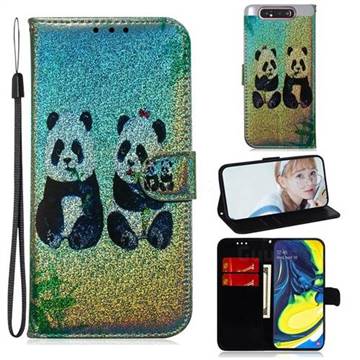 Two Pandas Laser Shining Leather Wallet Phone Case for Samsung Galaxy A80 A90