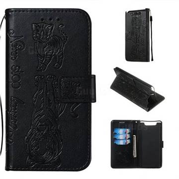 Embossing Tiger and Cat Leather Wallet Case for Samsung Galaxy A80 A90 - Black