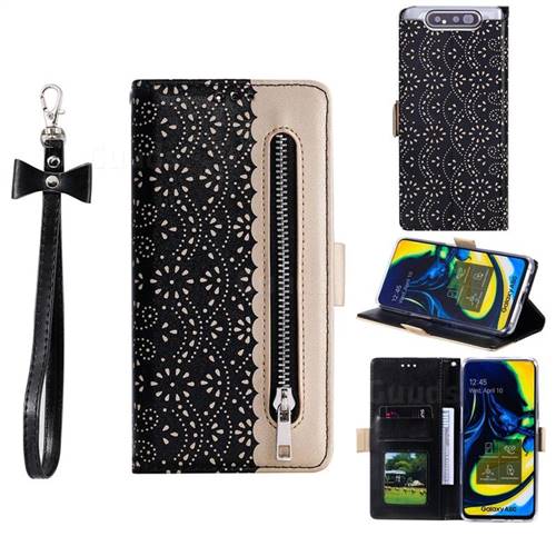 Luxury Lace Zipper Stitching Leather Phone Wallet Case for Samsung Galaxy A80 A90 - Black