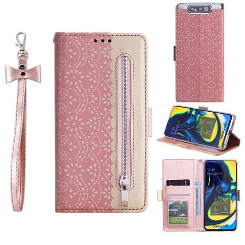 Luxury Lace Zipper Stitching Leather Phone Wallet Case for Samsung Galaxy A80 A90 - Pink