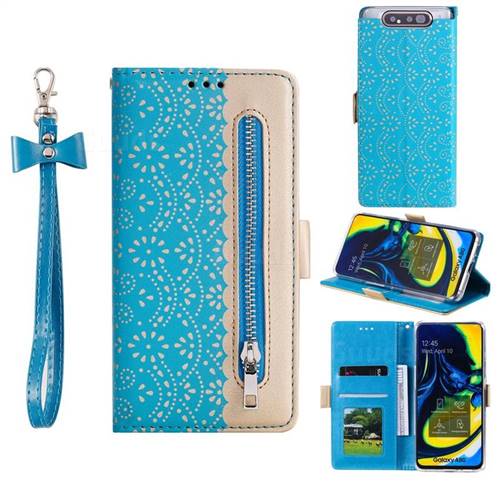Luxury Lace Zipper Stitching Leather Phone Wallet Case for Samsung Galaxy A80 A90 - Blue