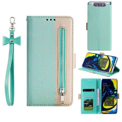 Luxury Lace Zipper Stitching Leather Phone Wallet Case for Samsung Galaxy A80 A90 - Green
