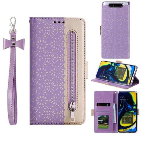 Luxury Lace Zipper Stitching Leather Phone Wallet Case for Samsung Galaxy A80 A90 - Purple