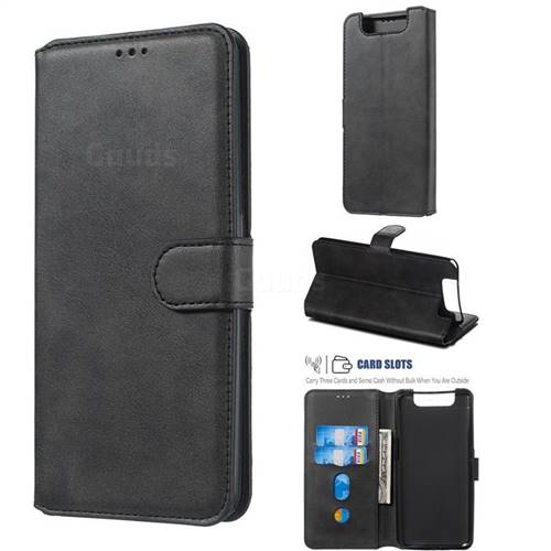 Retro Calf Matte Leather Wallet Phone Case for Samsung Galaxy A80 A90 - Black