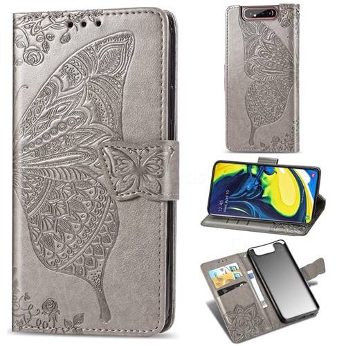 Embossing Mandala Flower Butterfly Leather Wallet Case for Samsung Galaxy A80 A90 - Gray