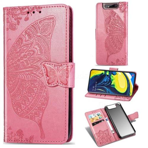 Embossing Mandala Flower Butterfly Leather Wallet Case for Samsung Galaxy A80 A90 - Pink