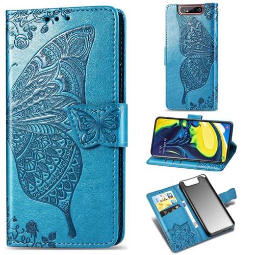 Embossing Mandala Flower Butterfly Leather Wallet Case for Samsung Galaxy A80 A90 - Blue