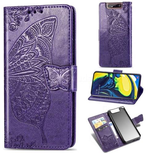 Embossing Mandala Flower Butterfly Leather Wallet Case for Samsung Galaxy A80 A90 - Dark Purple
