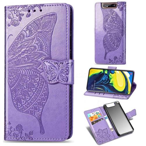 Embossing Mandala Flower Butterfly Leather Wallet Case for Samsung Galaxy A80 A90 - Light Purple
