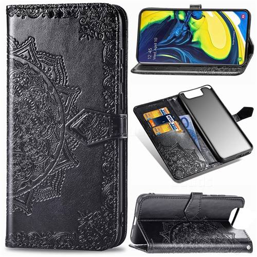 Embossing Imprint Mandala Flower Leather Wallet Case for Samsung Galaxy A80 A90 - Black