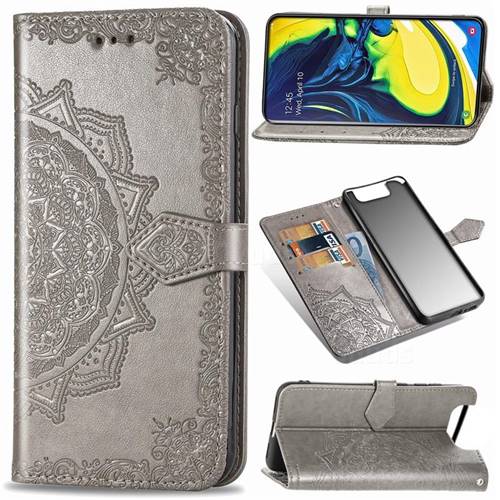 Embossing Imprint Mandala Flower Leather Wallet Case for Samsung Galaxy A80 A90 - Gray