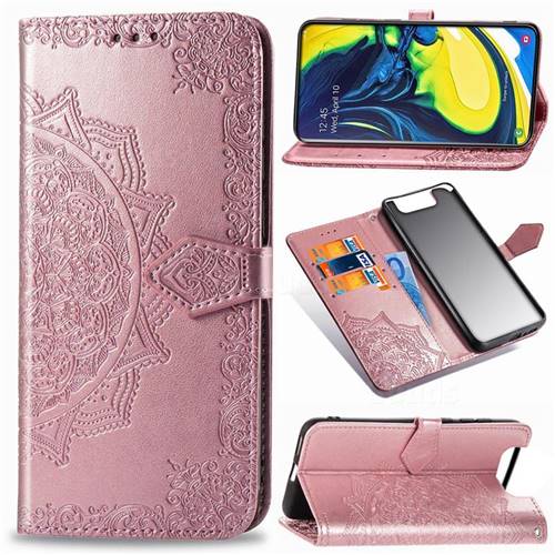 Embossing Imprint Mandala Flower Leather Wallet Case for Samsung Galaxy A80 A90 - Rose Gold