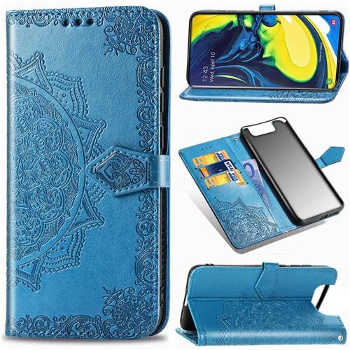 Embossing Imprint Mandala Flower Leather Wallet Case for Samsung Galaxy A80 A90 - Blue