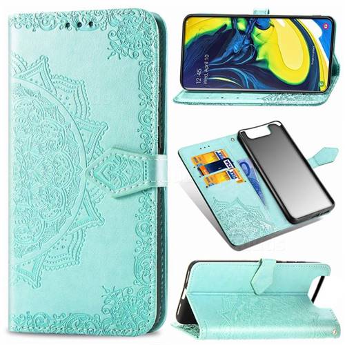 Embossing Imprint Mandala Flower Leather Wallet Case for Samsung Galaxy A80 A90 - Green