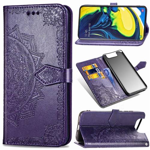 Embossing Imprint Mandala Flower Leather Wallet Case for Samsung Galaxy A80 A90 - Purple