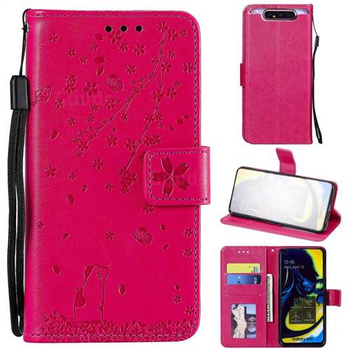 Embossing Cherry Blossom Cat Leather Wallet Case for Samsung Galaxy A80 A90 - Rose