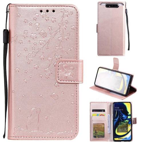 Embossing Cherry Blossom Cat Leather Wallet Case for Samsung Galaxy A80 A90 - Rose Gold