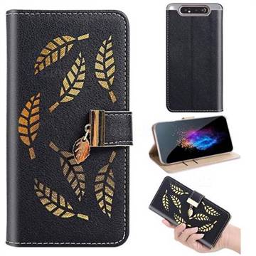 Hollow Leaves Phone Wallet Case for Samsung Galaxy A80 A90 - Black