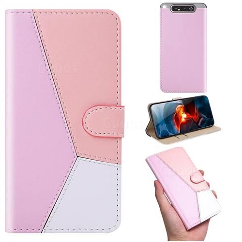 Tricolour Stitching Wallet Flip Cover for Samsung Galaxy A80 A90 - Pink