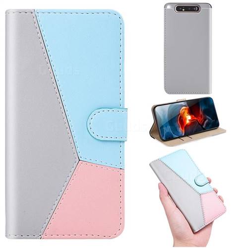 Tricolour Stitching Wallet Flip Cover for Samsung Galaxy A80 A90 - Gray