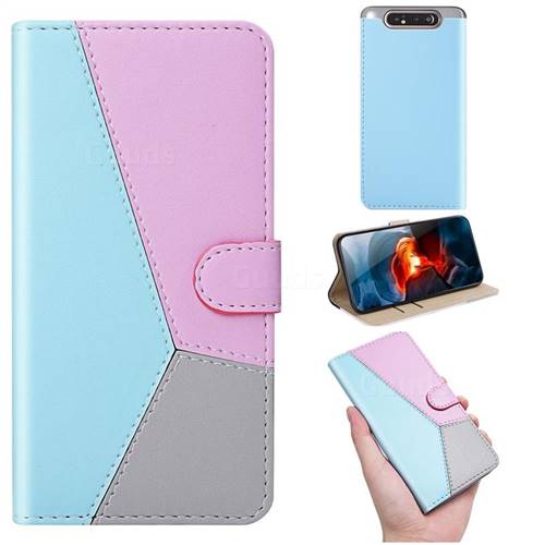 Tricolour Stitching Wallet Flip Cover for Samsung Galaxy A80 A90 - Blue