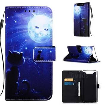 Cat and Moon Matte Leather Wallet Phone Case for Samsung Galaxy A80 A90