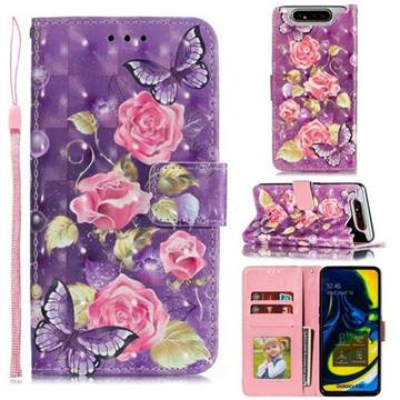 Purple Butterfly Flower 3D Painted Leather Phone Wallet Case for Samsung Galaxy A80 A90
